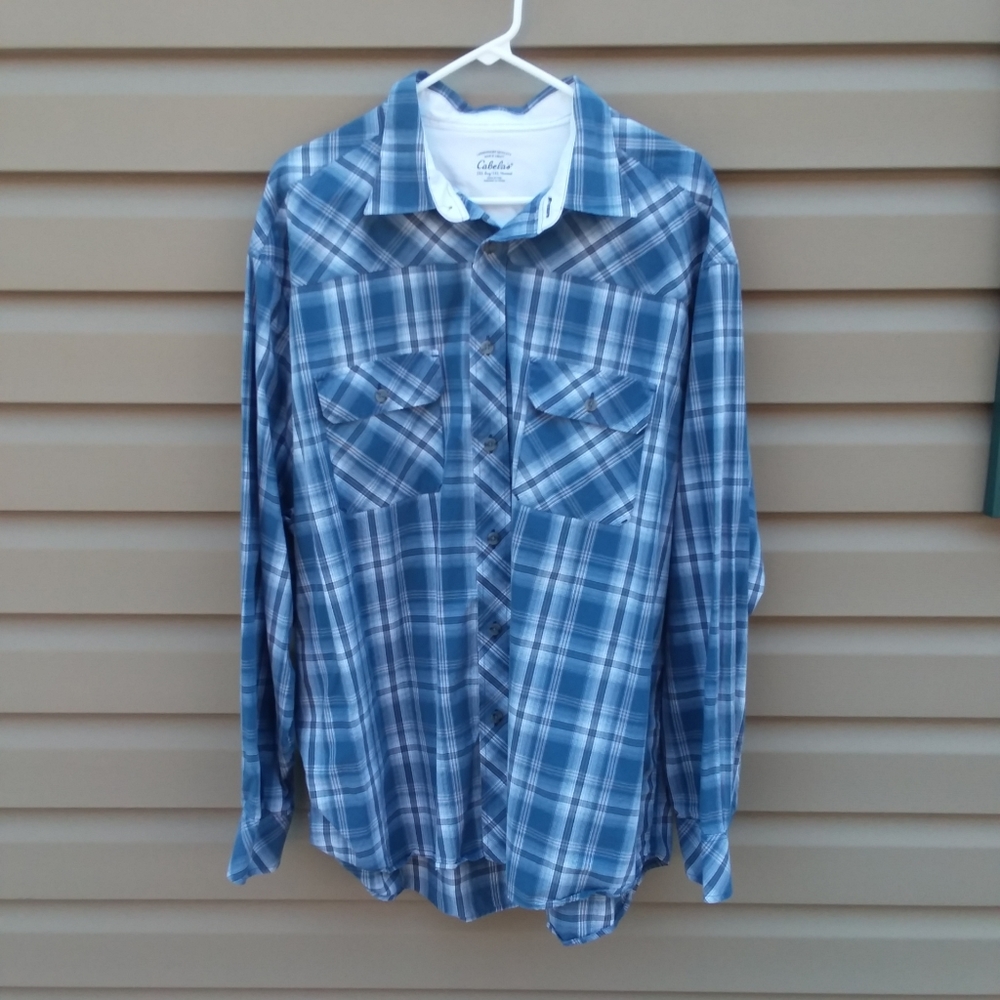 Cabela's XXL Blue White Plaid Shirt